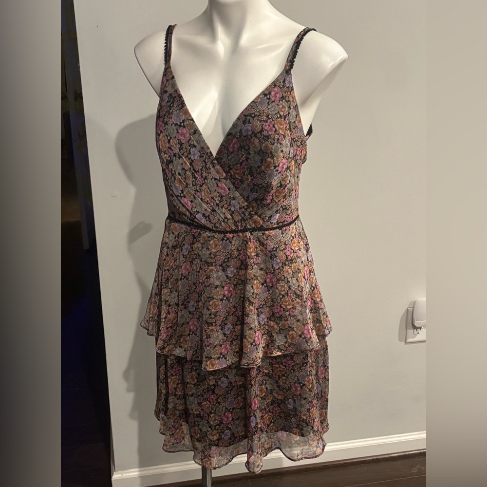 DB Studio Floral Print Tiered Aline Rose Floral V-Neck Mini Dress